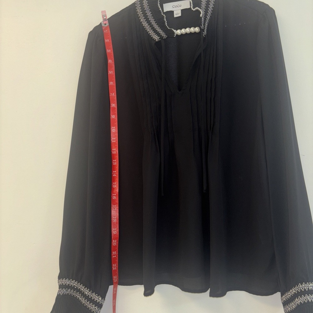 Cece Sz L Black Blouse Cottage Fairy Peasant Flowy Ruffle Puff Slv Milkmaid Vnec - Picture 7 of 8